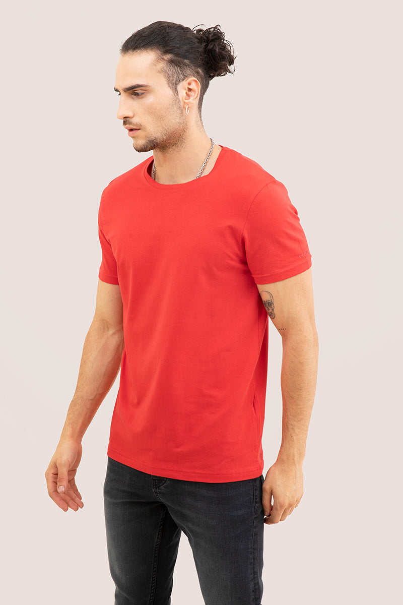 Red Solid 4 Way Stretch Crew Neck T-Shirts - SNITCH