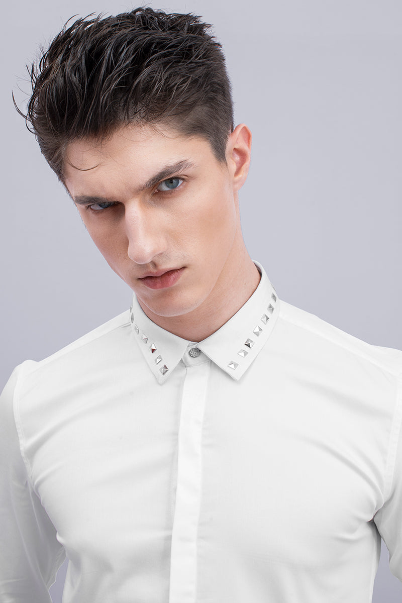 White Studded Collar Design Shirt - SNITCH