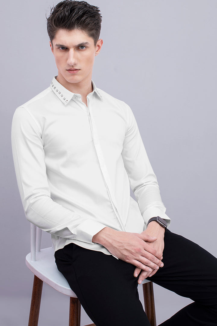 White Studded Collar Design Shirt - SNITCH