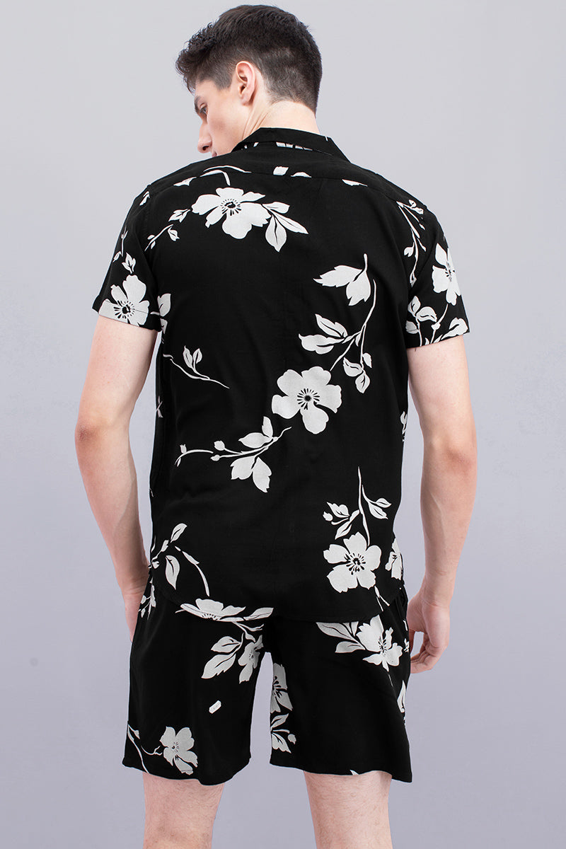 Black with White Floral Print Rayon Co-Ords - SNITCH