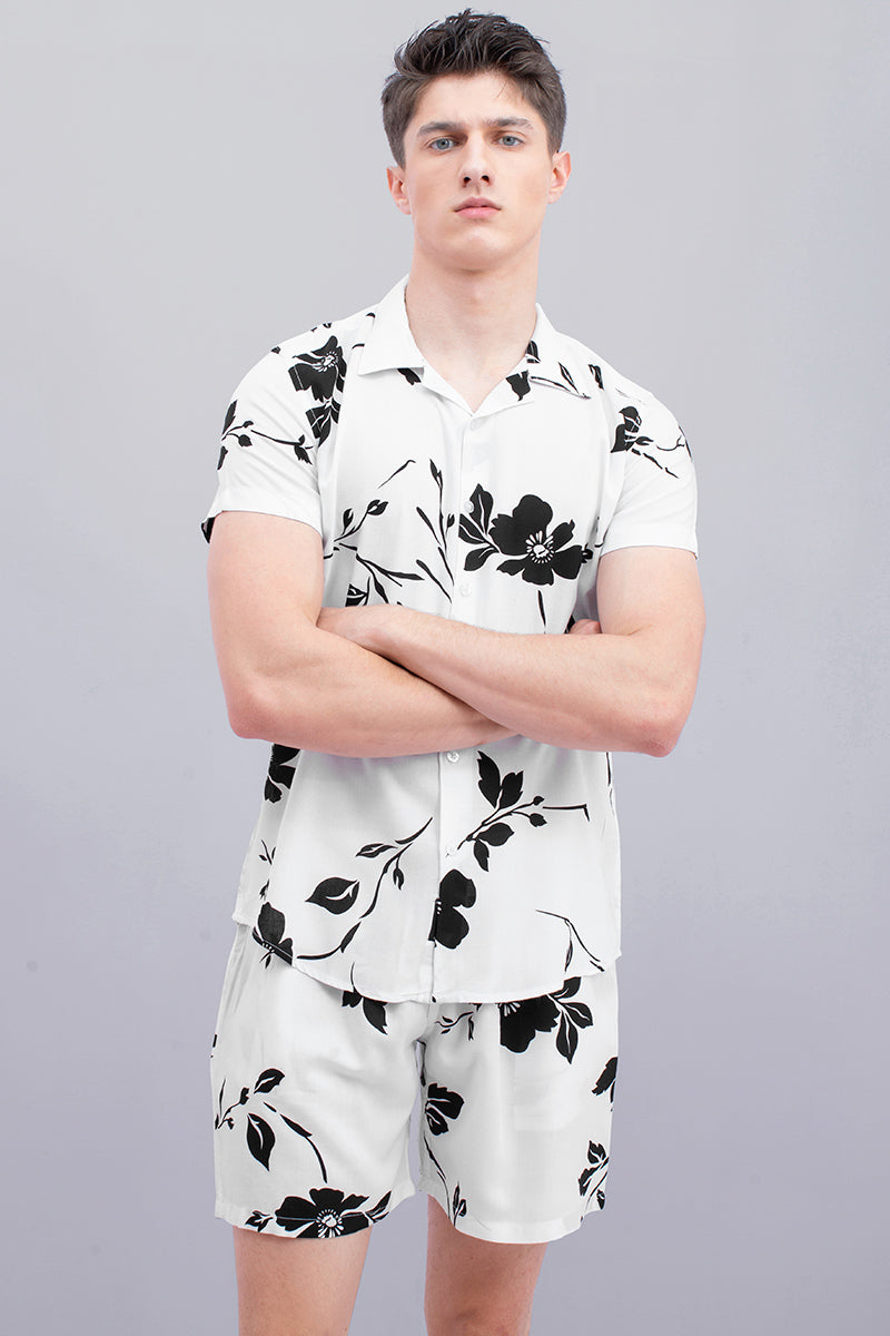 White with Black Floral Print Rayon Co-Ords - SNITCH