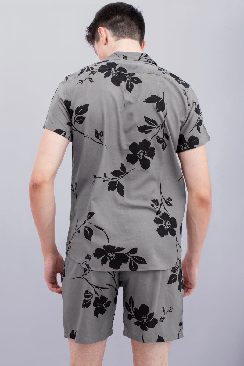 Grey with Black Floral Print Rayon Co-Ords - SNITCH