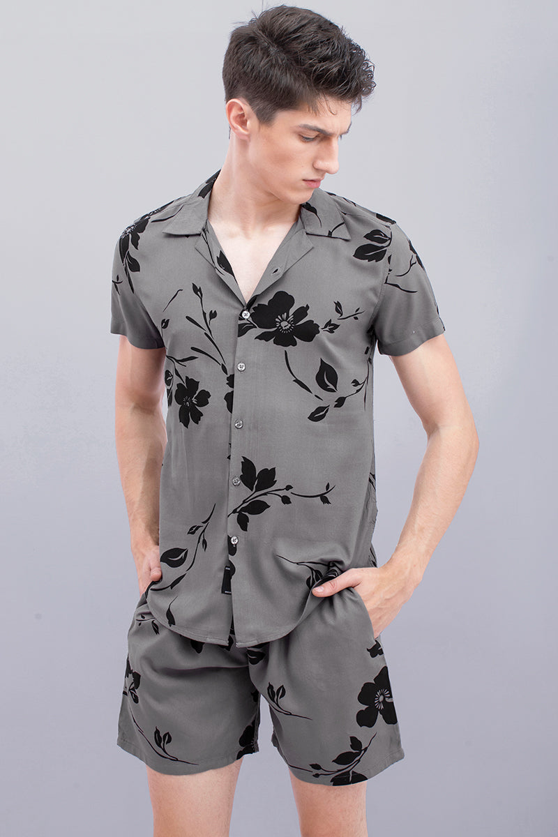 Grey with Black Floral Print Rayon Co-Ords - SNITCH