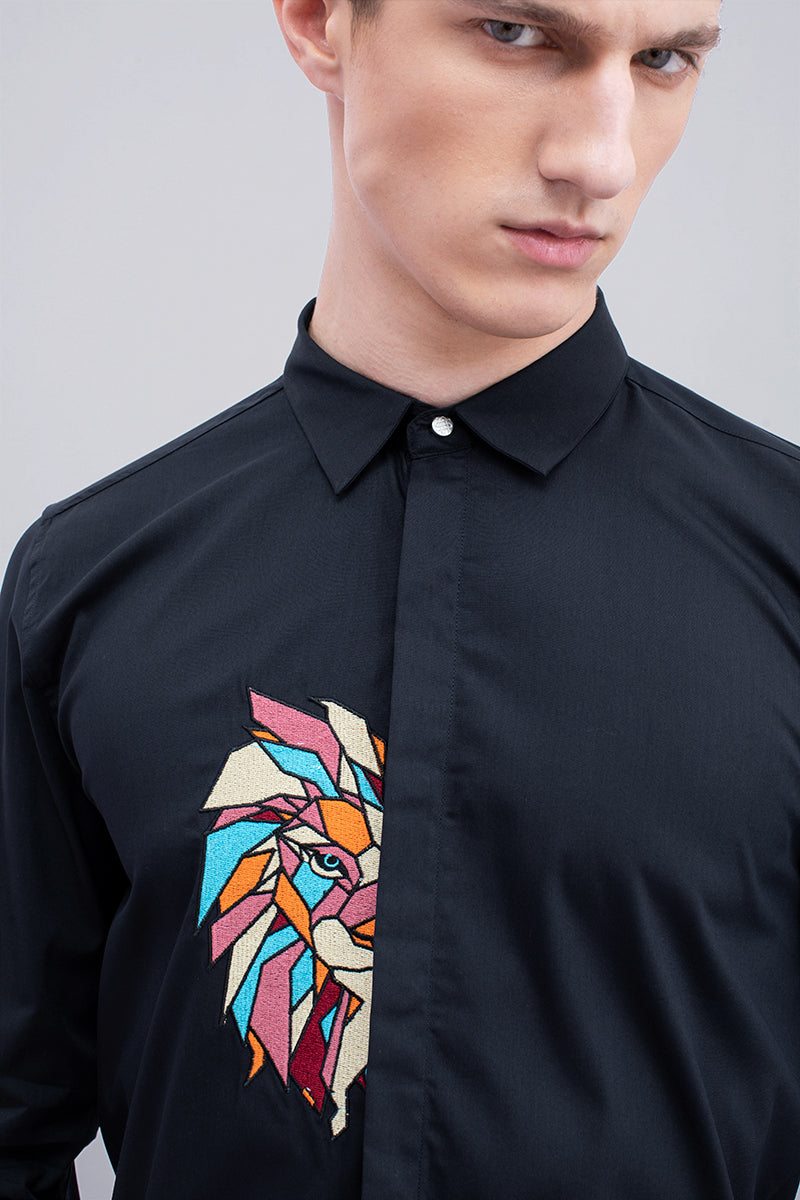 Navy Lion Embroidery Shirt - SNITCH
