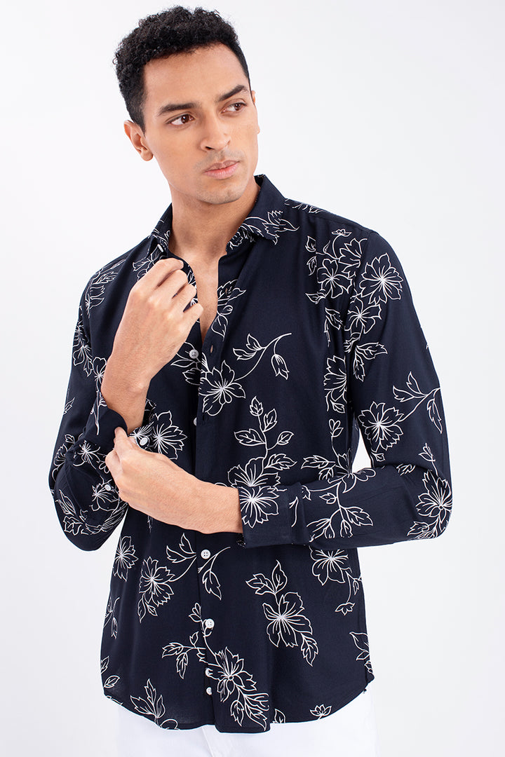 Navy Viscose Floral Print Shirt - SNITCH