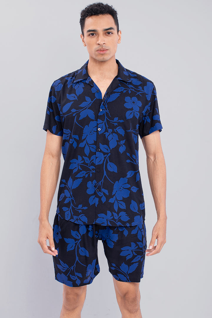 Navy with Ink Blue Floral Print Rayon Co-Ords - SNITCH