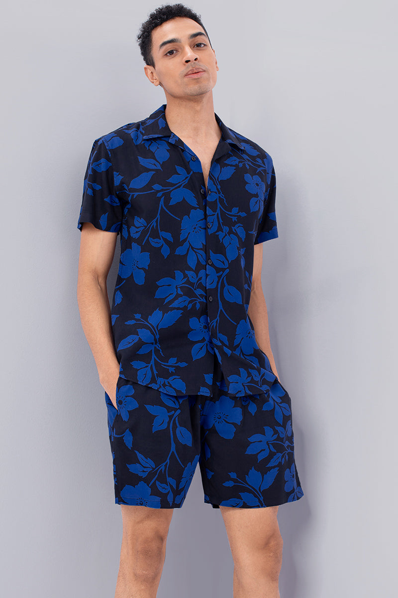 Navy with Ink Blue Floral Print Rayon Co-Ords - SNITCH