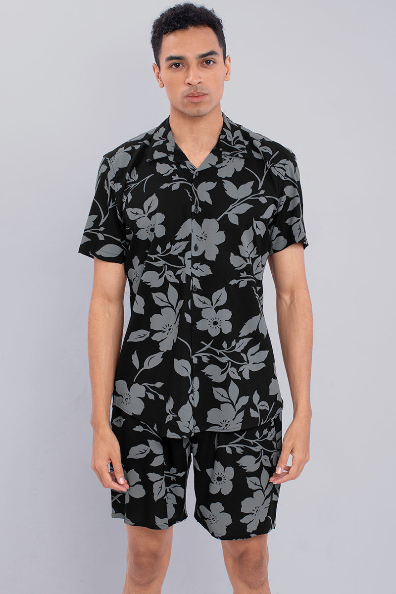 Black with Grey Floral Print Rayon Co-Ords - SNITCH
