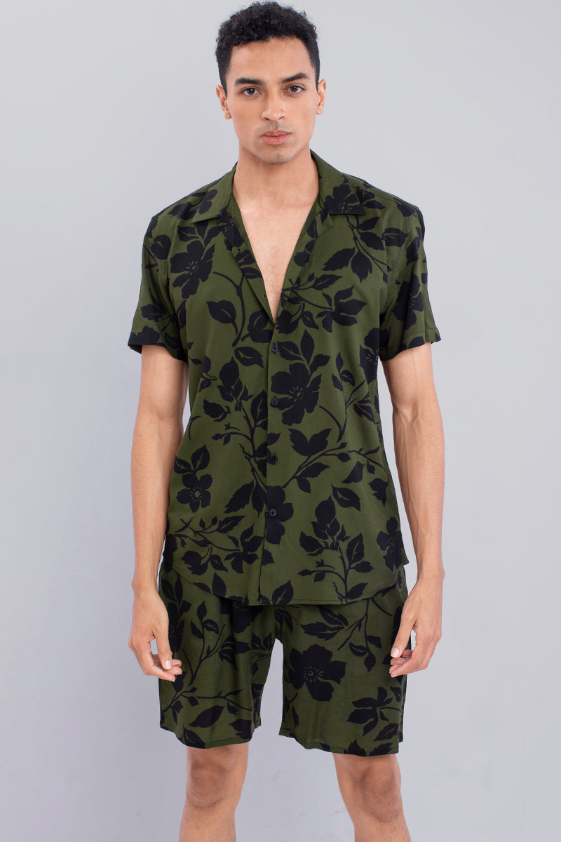 Olive Green with Black Floral Print Rayon Co-Ords - SNITCH