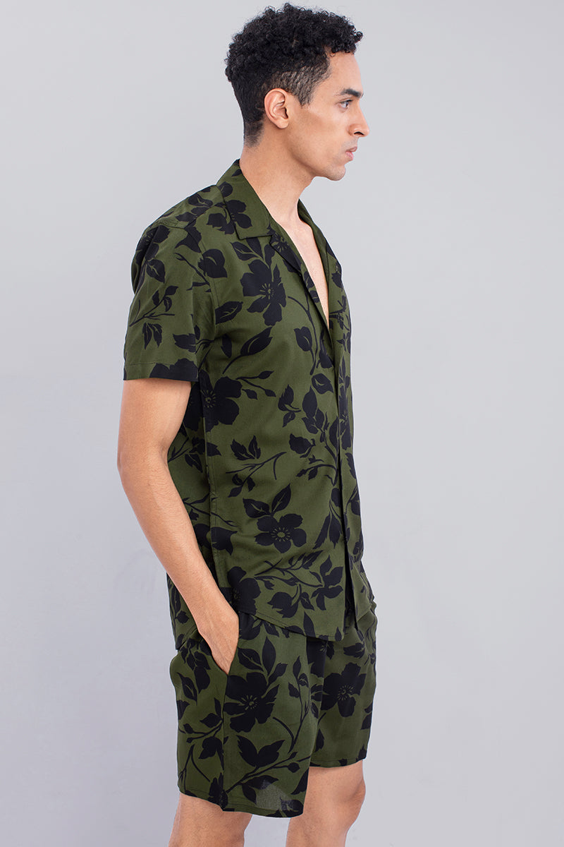 Olive Green with Black Floral Print Rayon Co-Ords - SNITCH