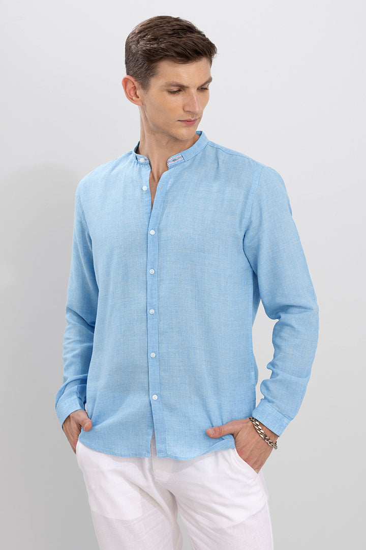 Tapped Collar Blue Linen Shirt
