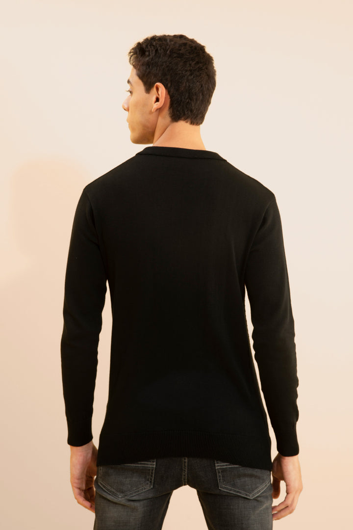 Joyous Black Fullsleeves Knitted Polo - SNITCH