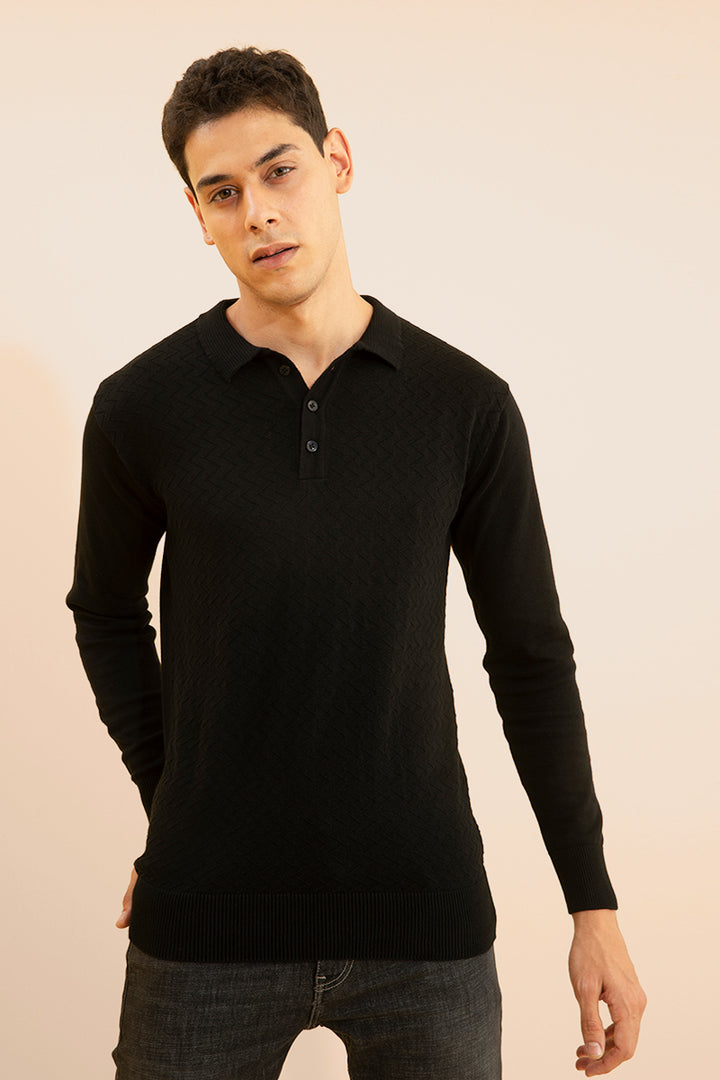 Joyous Black Fullsleeves Knitted Polo - SNITCH