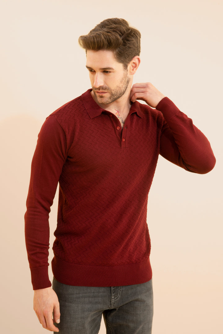 Joyous Maroon Fullsleeves Knitted Polo - SNITCH