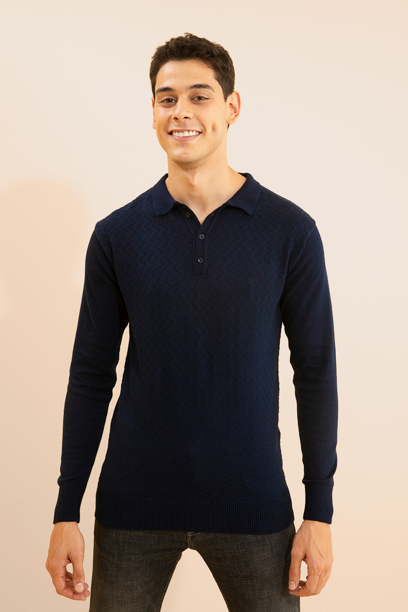 Joyous Navy Fullsleeves Knitted Polo - SNITCH