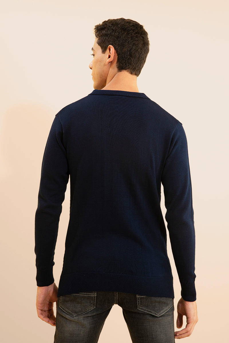Joyous Navy Fullsleeves Knitted Polo - SNITCH