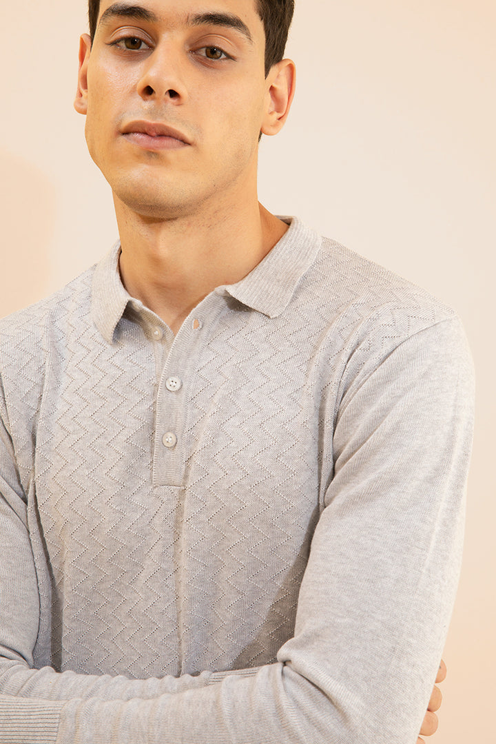 Joyous Grey Fullsleeves Knitted Polo - SNITCH
