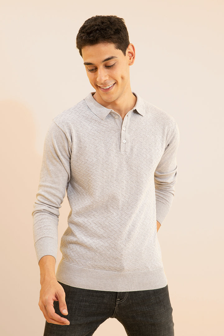 Joyous Grey Fullsleeves Knitted Polo - SNITCH