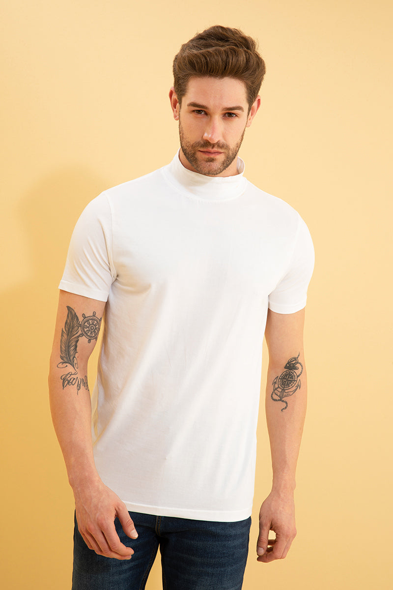 Solid White Turtle Neck T-Shirt - SNITCH