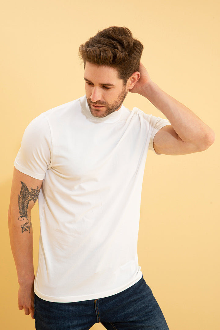 Solid White Turtle Neck T-Shirt - SNITCH