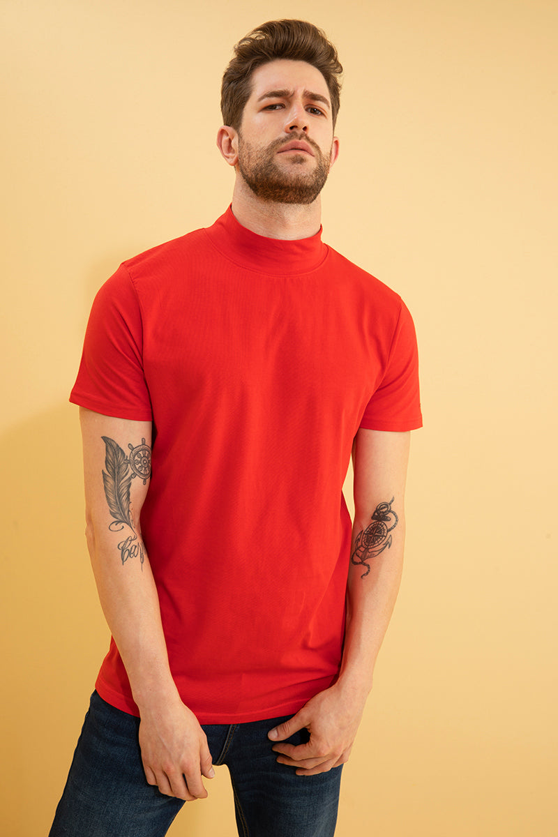 Solid Red Turtle Neck T-Shirt - SNITCH