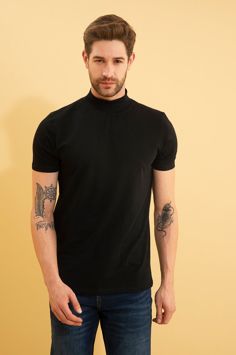 Solid Black Turtle Neck T-Shirt - SNITCH