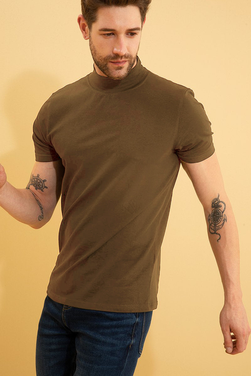 Solid Olive Turtle Neck T-Shirt - SNITCH