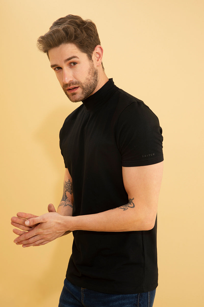 Solid Black Turtle Neck T-Shirt - SNITCH