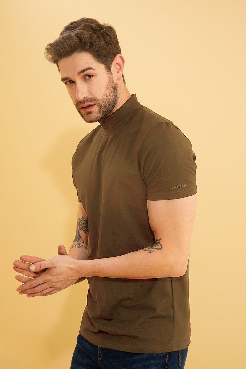 Solid Olive Turtle Neck T-Shirt - SNITCH