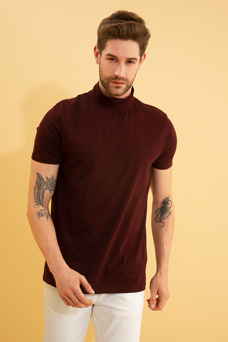 Solid Wine Turtle Neck T-Shirt - SNITCH