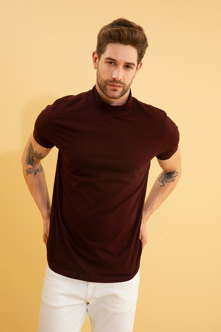 Solid Wine Turtle Neck T-Shirt - SNITCH