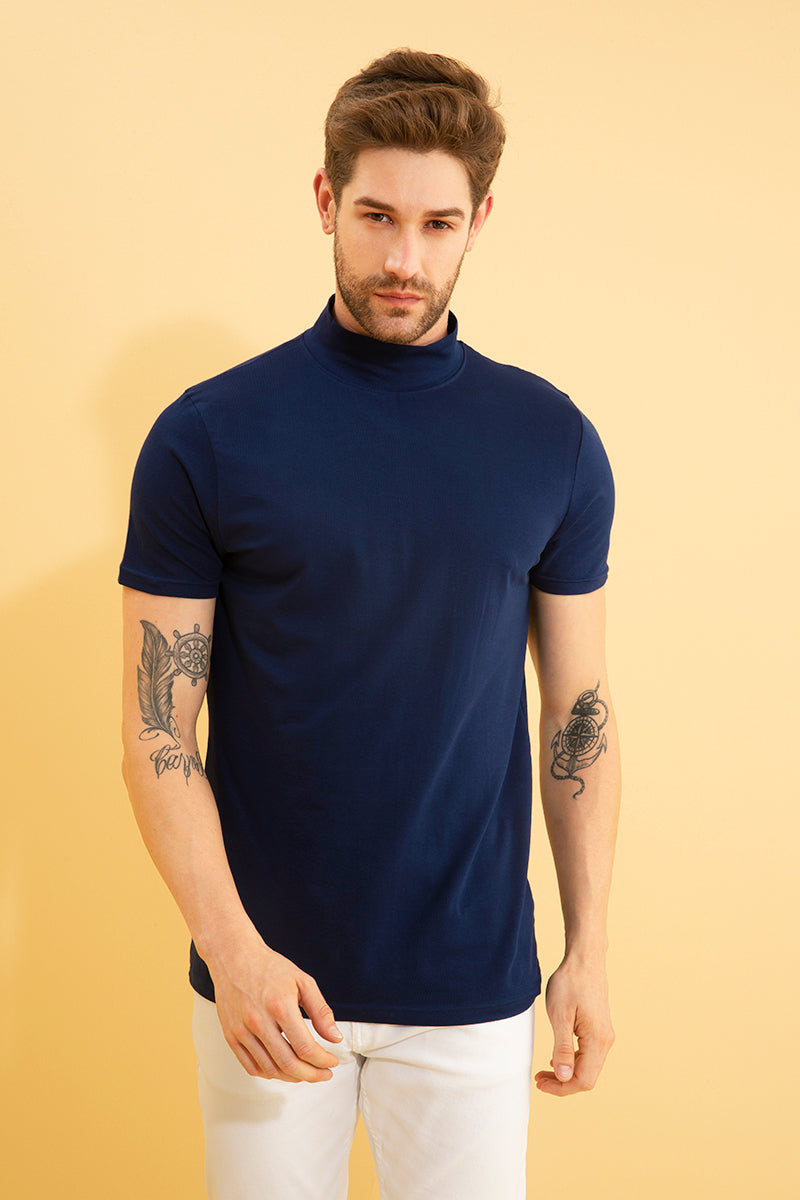 Solid Navy Turtle Neck T-Shirt - SNITCH