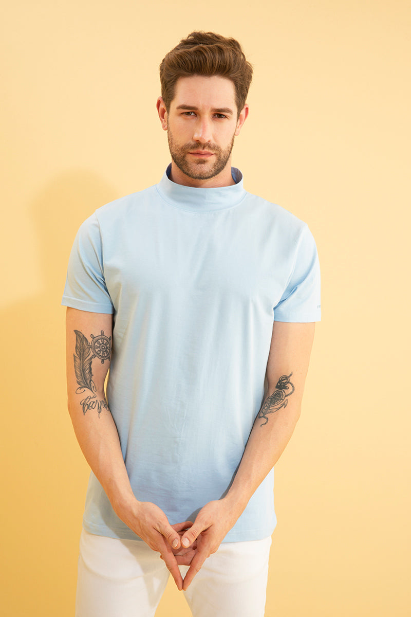 Solid Sky Blue Turtle Neck T-Shirt - SNITCH