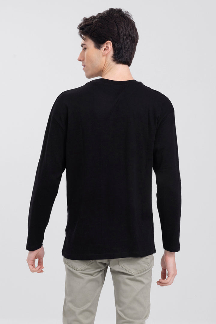 Enam Drop Shoulder Black Full Sleeves T-Shirt