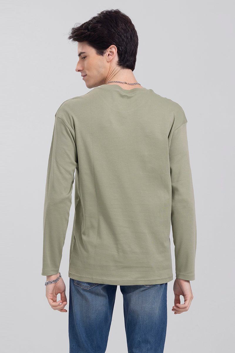 Enam Drop Shoulder Green Full Sleeves T-Shirt