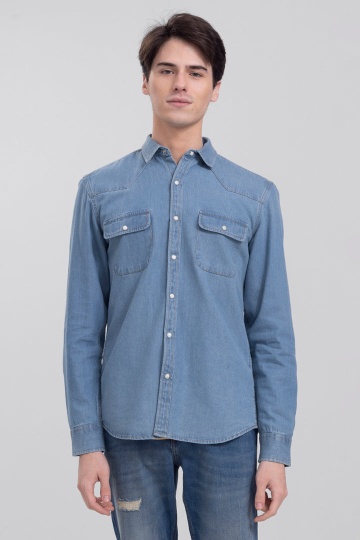 Buy Men's Yoke Style Sky Blue Denim Shirt Online | SNITCH