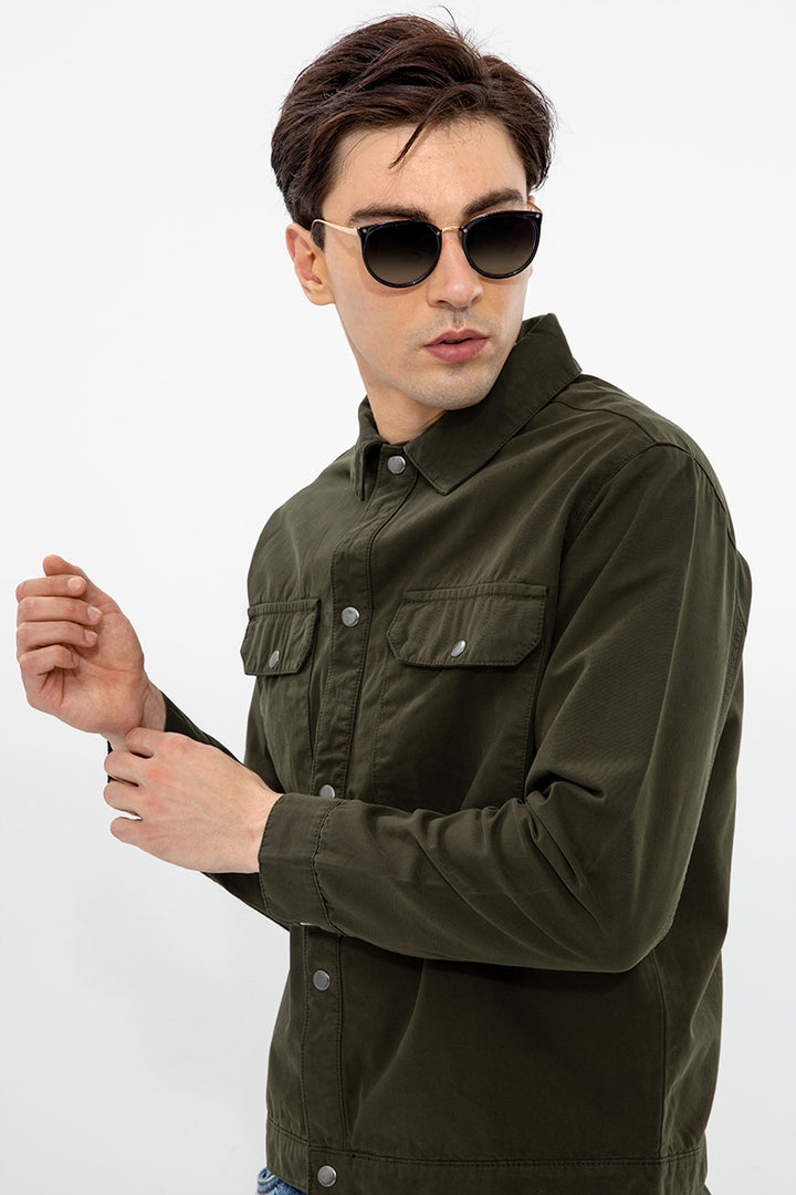 Snap Button Olive Overshirt - SNITCH