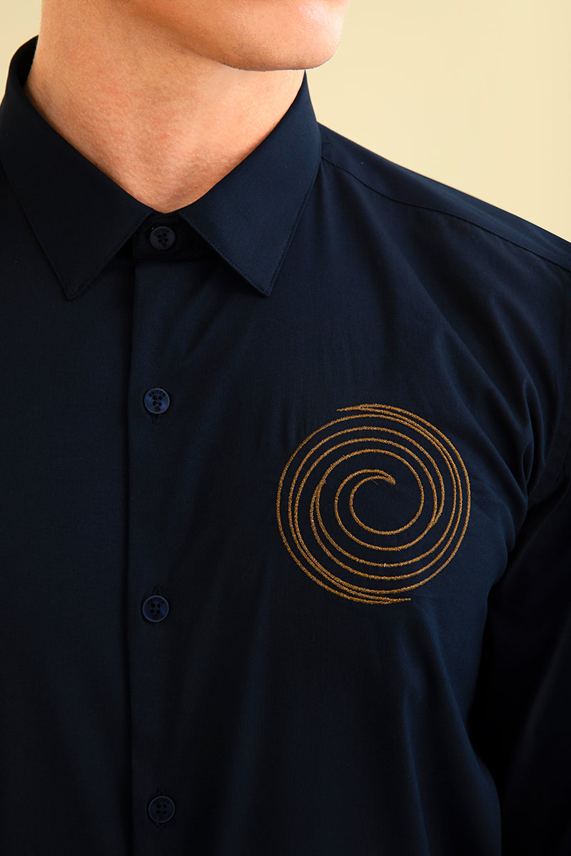 Swirl Embroidered Navy Shirt - SNITCH