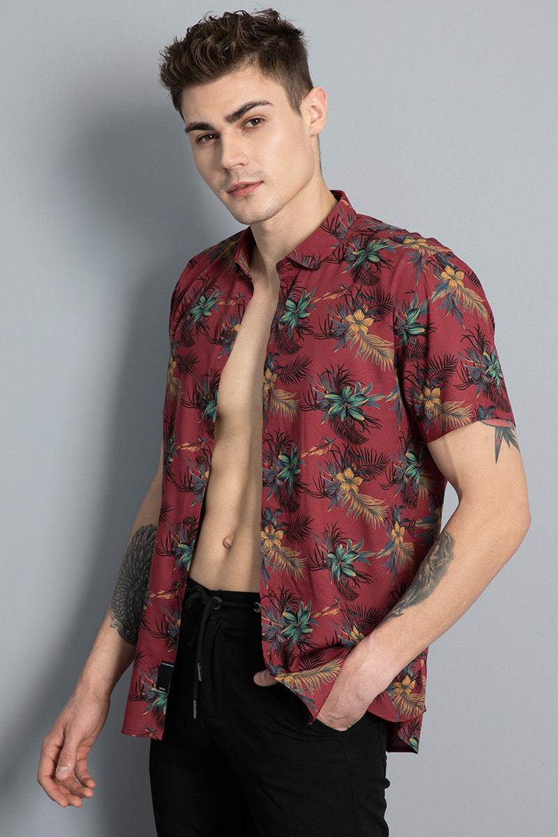 Tropical Maroon Rayon Shirt - SNITCH