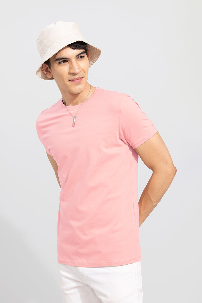 Rose Pink Solid 4 Way Stretch Crew Neck T-Shirt