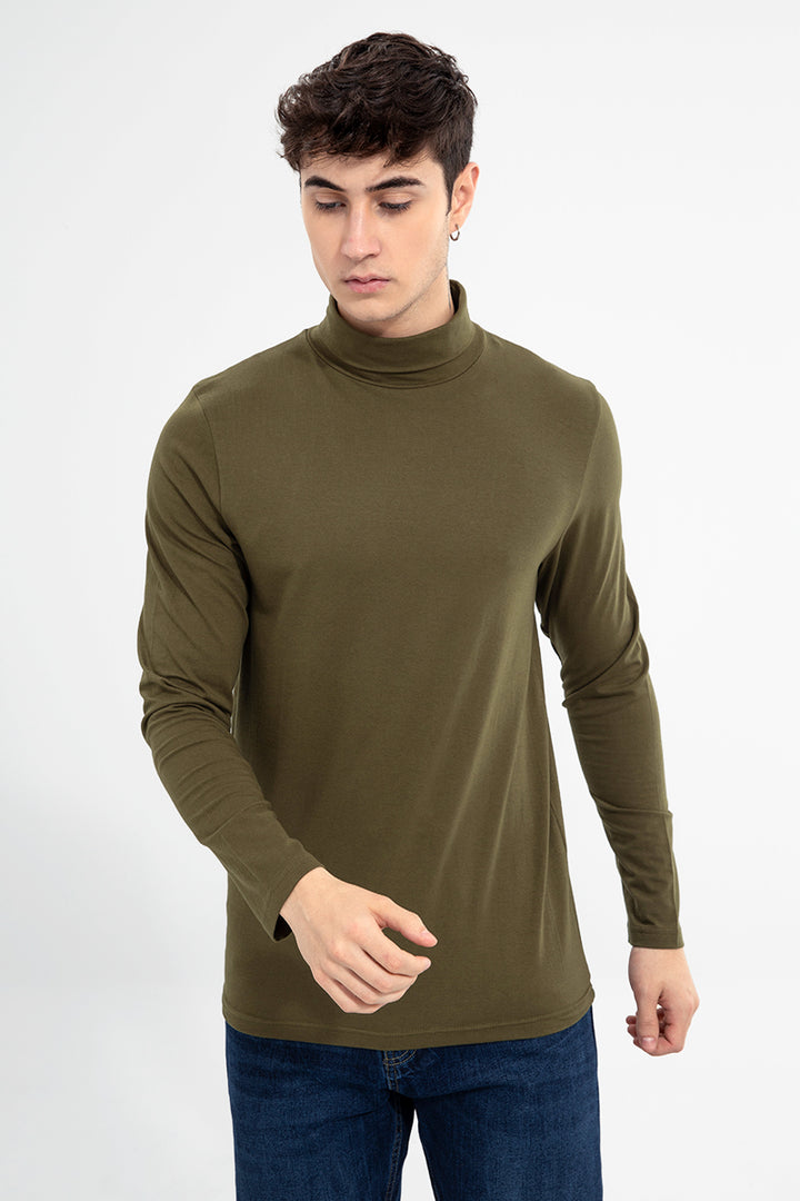 High Neck Olive T-Shirt - SNITCH