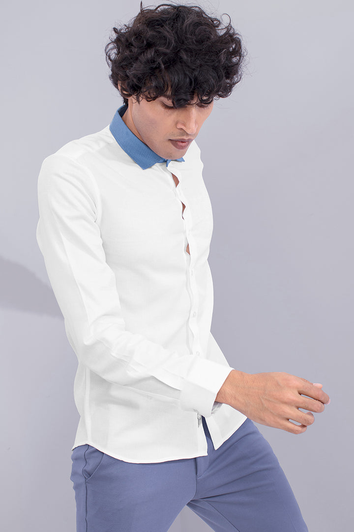 White Shirt With  Blue Contrast Collar - SNITCH