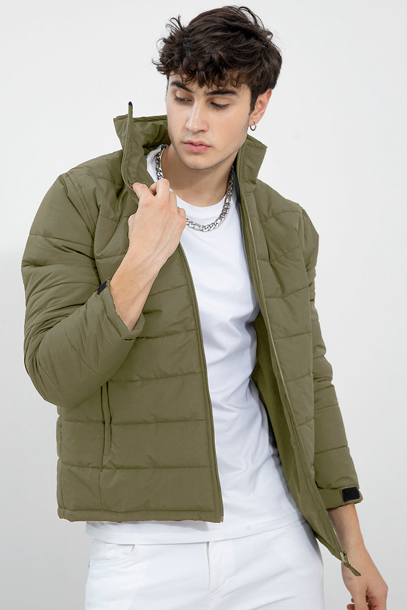 Puffer Bomber Olive Jacket - SNITCH